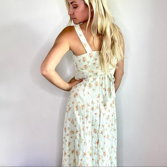 Vintage Neiman Marcus Light Green Floral Cottagecore Dress with Tie Back Linen - Picture 1 of 16